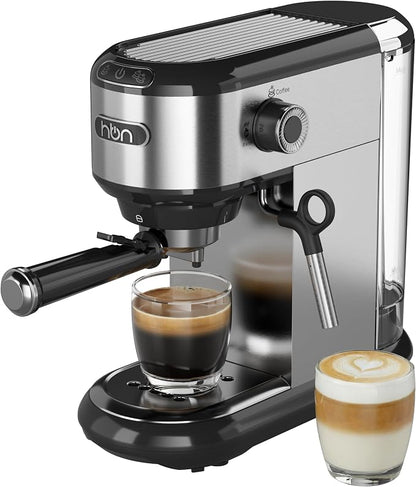 HBN 20 Bar Espresso Machine with Milk Frother, Compact Espresso Maker for Ground Coffee, Stainless Steel Coffee Machine with Steam Wand & 34oz Removable Water Tank, 1450W for Home & Office