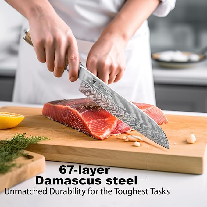 Damascus Santoku Knife 7 Inch: Japanese Kitchen Knife with Olive Wood Handle,High Carbon Stainless Steel Professional Chef Knife for Ultra Sharp Chopping,Gift Box