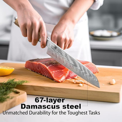 Damascus Santoku Knife 7 Inch: Japanese Kitchen Knife with Olive Wood Handle,High Carbon Stainless Steel Professional Chef Knife for Ultra Sharp Chopping,Gift Box