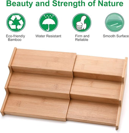 3-Tier Bamboo Expandable Spice Rack, Step Shelf Cabinet Organizer Step Shelf Kitchen Pantry Cabinet Expandable Display Shelf,Spice Holder Cabinet Seasoning Tower for Kitchen(#1)