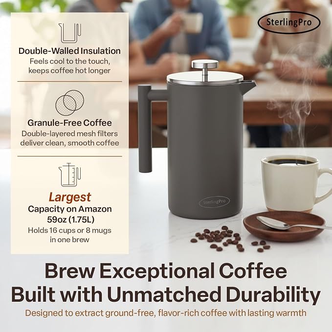 SterlingPro Extra Large Insulated Stainless Steel French Press Coffee Maker 59oz – Insulated Metal XL Double Wall Coffee Maker | Plastic Free | Cool-Touch | Grey Finish | Makes up to 16 cups / 8 mugs