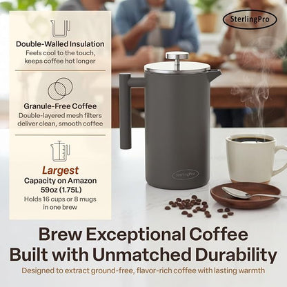 SterlingPro Extra Large Insulated Stainless Steel French Press Coffee Maker 59oz – Insulated Metal XL Double Wall Coffee Maker | Plastic Free | Cool-Touch | Grey Finish | Makes up to 16 cups / 8 mugs