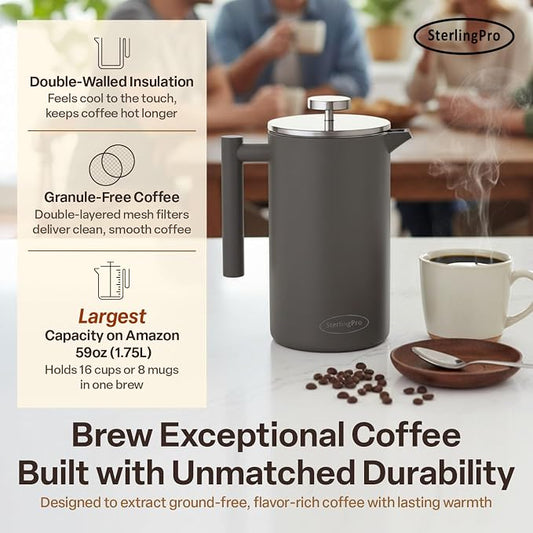SterlingPro Extra Large Insulated Stainless Steel French Press Coffee Maker 59oz – Insulated Metal XL Double Wall Coffee Maker | Plastic Free | Cool-Touch | Grey Finish | Makes up to 16 cups / 8 mugs