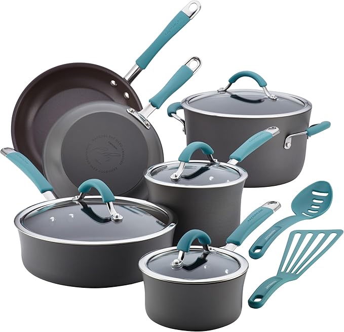 Rachael Ray Cucina Dishwasher-Safe Hard-Anodized Pots and Pans Set Non Stick Cookware, 12 Piece, Gray with Agave Blue Handles