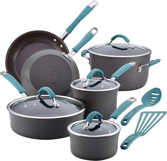 Rachael Ray Cucina Dishwasher-Safe Hard-Anodized Pots and Pans Set Non Stick Cookware, 12 Piece, Gray with Agave Blue Handles