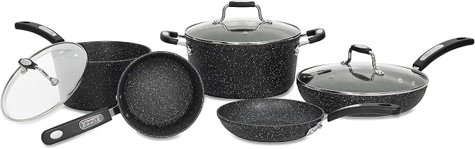 Starfrit The Rock Terra Ceramic Non-Stick Cookware Set, 8-Piece, Chemical-Free, Oven and Dishwasher Safe, with Saucepans, Stockpot, and Fry Pans, Black Marble
