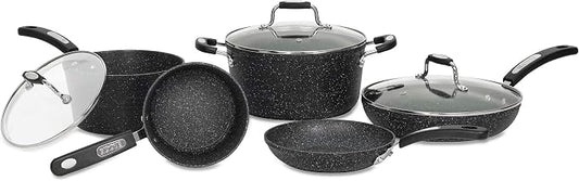 Starfrit The Rock Terra Ceramic Non-Stick Cookware Set, 8-Piece, Chemical-Free, Oven and Dishwasher Safe, with Saucepans, Stockpot, and Fry Pans, Black Marble