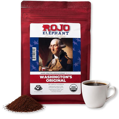 Rojo Elephant Caffeinated Ground Coffee, Single Origin Arabica Beans, Naturally Low Acid, Premium Ground Coffee (11 oz Bag) (Medium Roast - Washington's Original)