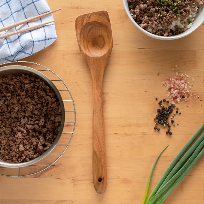 FAAY Right Hand Chopper, Wooden Spoon - Spatula, Break Up Ground Beef Utensils Made from High Moist Resistance Teak Wood for Non Stick Cookware. (Right Hand Chopper)
