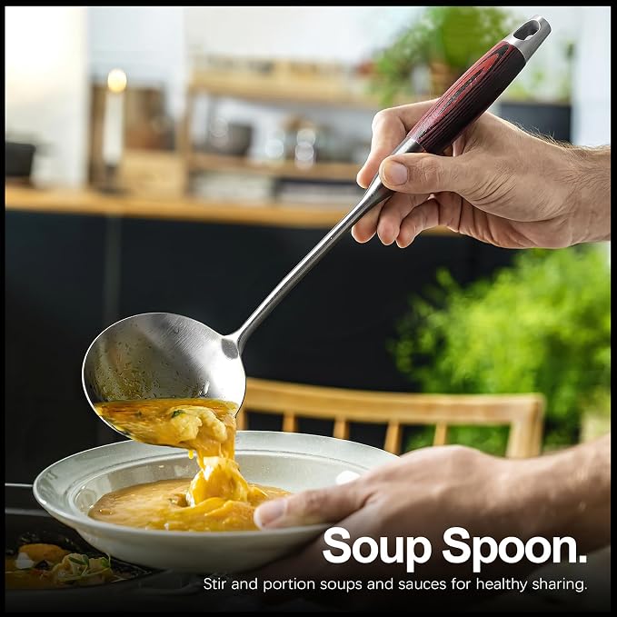 IQCWOOD Stainless Steel Cooking Utensils Set with Wooden Handle, 5-Piece Heat Resistant Kitchen Utensil Tool for Cookware Set -Spatula, Turner, Spaghetti Server, Skimmer Spoon, Soup Ladle