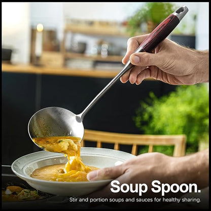 IQCWOOD Stainless Steel Cooking Utensils Set with Wooden Handle, 5-Piece Heat Resistant Kitchen Utensil Tool for Cookware Set -Spatula, Turner, Spaghetti Server, Skimmer Spoon, Soup Ladle