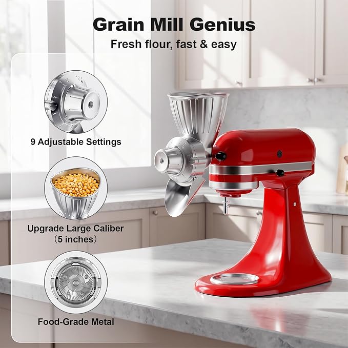 Grain Mill Attachment for KitchenAid, Food-Grade All-Metal 9 Levels Flour Mill for KitchenAid Stand Mixer, Fit for Millet, Wheat, Grain Corn, Coffee Beans, Dry Low-Oil Grains