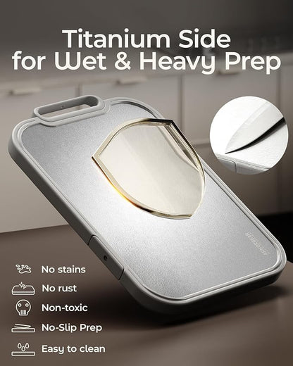 Titanium Cutting Board 2-in-1, Double Sided Wood Cutting Board for Kitchen – Non Toxic Ebony Wood & Titanium Large Chopping Board, Ideal for Meat, Vegetables & Family Cooking