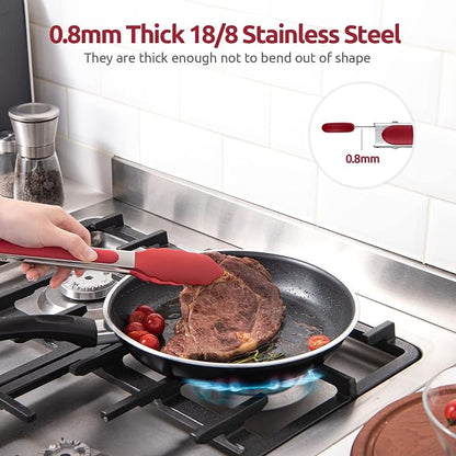 Heat Resistant Silicone Kitchen Tong: U-Taste 9 inch 480ºF Hot Proof Cooking Tong with Firm Sealed Non Stick Rubber Tips & Silicon Coated Steel Handle & Smooth Locking for Serving Grill Salad (Red)