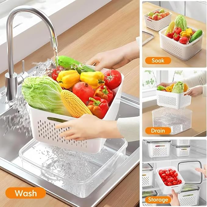 4-in-1 Food Storage Containers with Drain Basket – Leak-Proof Berry, Vegetable & Watermelon Containers for Fridge (Blue, 3PCS)