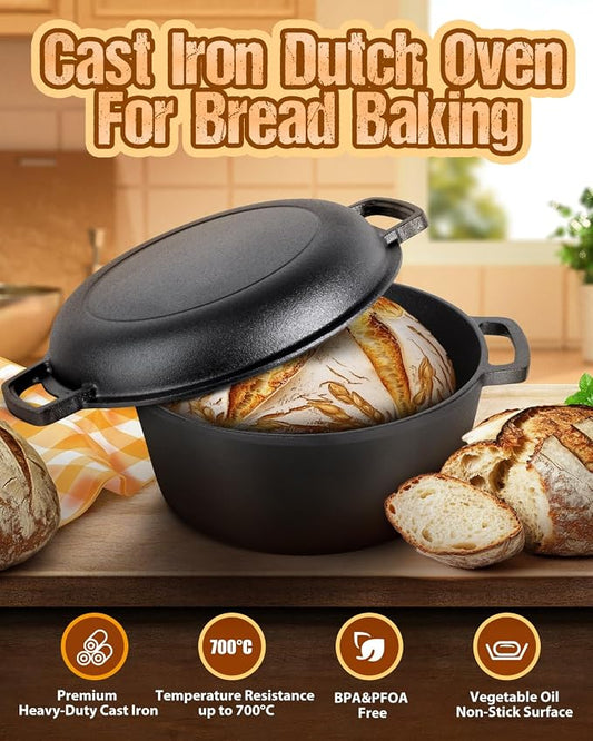 Cast Iron Dutch Oven for Sourdough Bread Baking, Pre-Seasoned 5QT Dutch Oven Pot with Lid, Include Proofing Basket, Silicone Sling & Dough Whisk