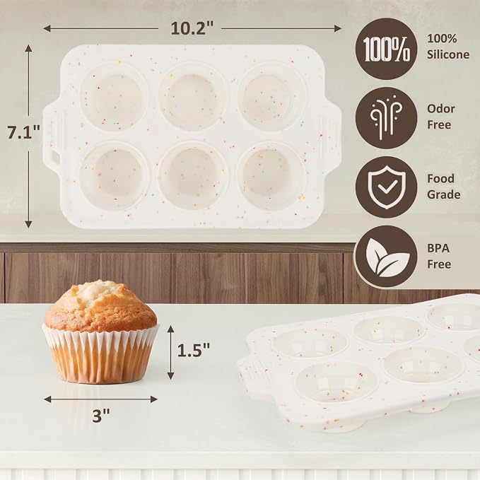 2 Pack Silicone Muffin Pan - Non Stick Collapsible Metal-Reinforced Frame Cupcake Pan with Handles 6 Cup Regular, BPA Free Cupcake and Medium Muffin Tray, Baking Pan Molds for Oven Dishwasher Safe