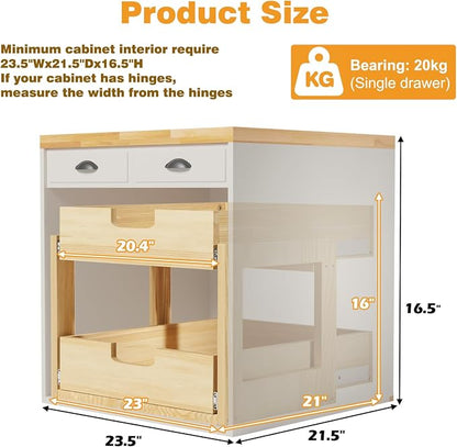 Pull Out Cabinet Organizer, 23''W×21''D Sliding Drawers for Cabinets, 2 Tier Soft Close Slide Out Wooden Pull out Drawers, Base Cabinet Organization for Kitchen, Pantry, Bathroom