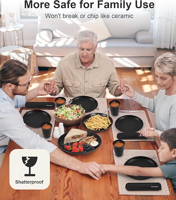 Quatish 24 Piece Plates and Bowls Sets for 6, Unbreakable Dinnerware Sets, Dish Set for Camping, Dishwasher Microwave Safe, Outdoor Kitchen and Apartment Dorm Dinning RV Essentials, Black