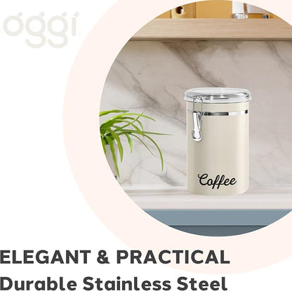 Oggi Stainless Steel Coffee Canister 62 fl oz - Airtight Clamp Lid, Warm Gray, Tinted See-Thru Top - Ideal for Coffee Bean Storage, Ground Coffee Storage, Kitchen Storage, Pantry Storage. 5 x 7.5