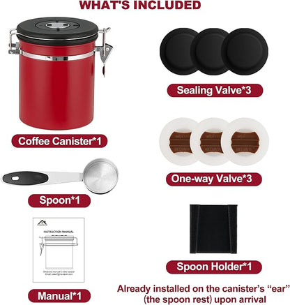 ShanSon Coffee Canister Airtight, Stainless Steel Bean Storage Container with Date Tracker & Scoop, Grounds Sugar Flour Tea Cereal Fits Kitchen Pantry, Ideal Gift for Coffee Lovers,12oz,Red