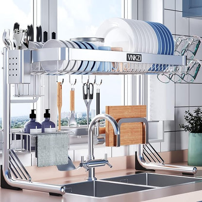VNKZI Over Sink Dish Drying Rack, 2 Tier Full Stainless Steel Storage Adjustable Length (25.98'' to 36.61'') Kitchen Rack, Multifunctional Expandable Counter Organizer, Space Saver Dish Rack