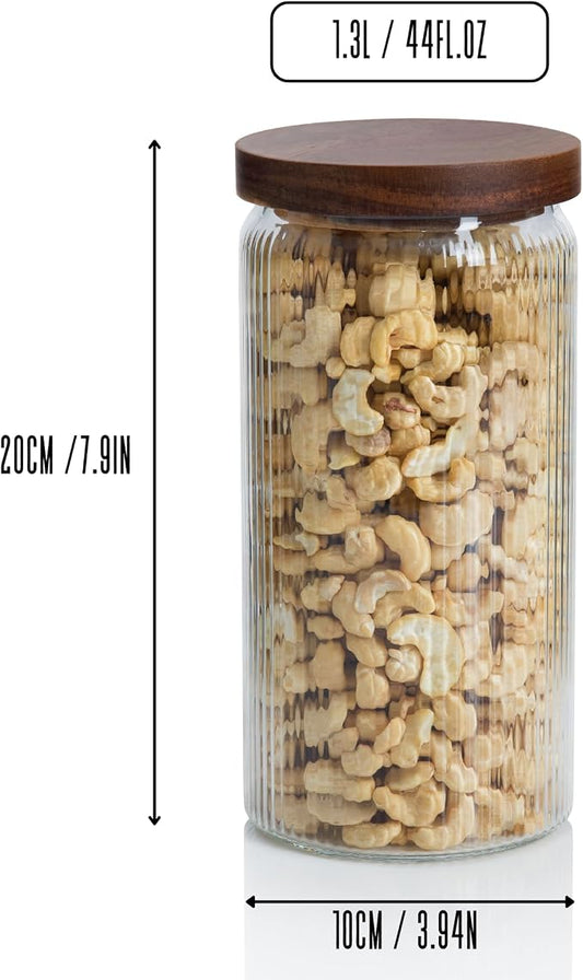 Ribbed Glass Jar with Wooden Lid 16.9oz / 27oz | Airtight Fluted Storage Container for Food, Pasta, Coffee, Candy, Dog Treats, Snacks | Canisters for Home & Kitchen (44 fl.oz / 1300ml -3X)