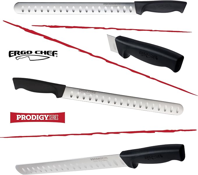 Ergo Chef Prodigy Series 2pc. Set 12-Inch Slicer - Brisket, Roast Carving Knife and Pro Series 8-Inch Meat Carving Fork
