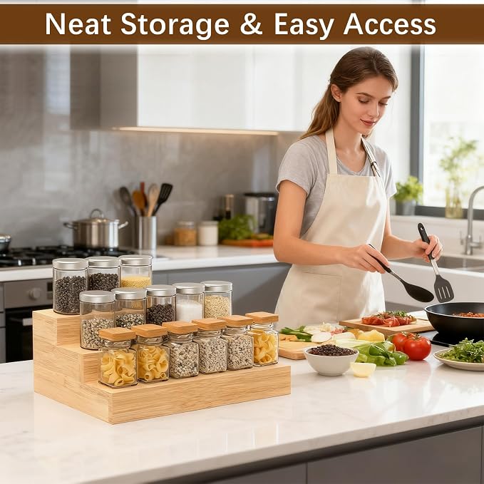 Bamboo Spice Rack for Cabinet, 3 Tier Spice Riser Shelf, 2 Pack Spices Stand for Pantry