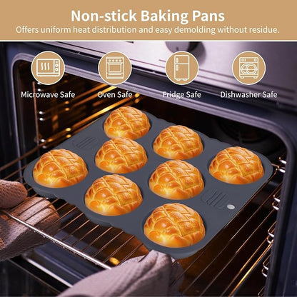 Generic 2 Pcs Hamburger Bun Molds, 8-Cup Silicone Burger Bun Pans with Spatula and Grab Glove, Nonstick Perforated Baking Pans, Rectangular Bread Molds, Dishwasher and Microwave Safe