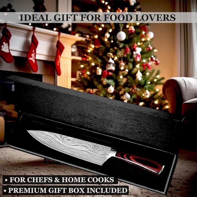 Japanese Chef Knife 8 Inch | High Carbon Stainless Steel Kitchen Knife | Ultra Sharp Damascus-Pattern Blade | Ergonomic Handle | Professional Cooking Knife for Meat, Fish & Vegetables | Gift