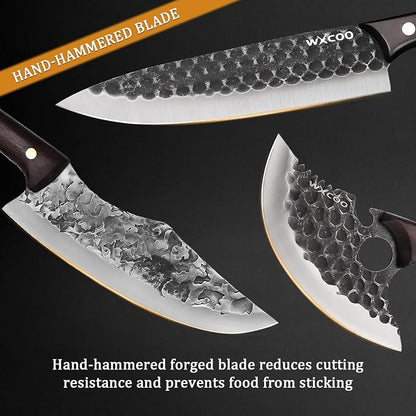 6PCS Kitchen Knife Set Kitchen High Carbon Steel Hand Forged Sharp Chef Knives All Purpose for Home and Outdoor Cooking Non Stick Hammer Finish Ergonomic Wood Handle with Leather Sheath - Black