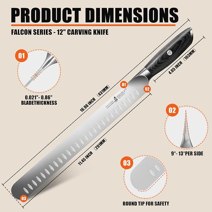 TUO Carving Knife, 12 inch Brisket Knife for Cutting Smoked Meat, Slicing Through Roast, High Carbon German Steel, Ergonomic Handle, BBQ Gifts - Falcon Series