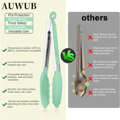 Salad Tongs, 16 Inch Silicone Food Tongs with 304 Stainless Steel Core & Non-Slip Grip in Pistachio Color