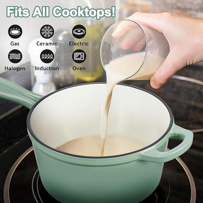 3 Quart Saucepan with Lid, Leonyo Enameled Cast Iron Sauce Pot, Large Enamel Cast Iron Dutch Oven Kitchen Cookware for All Cooktops Cooking Pasta, Soup, Milk - Up to 500°F & 8bs, Pistachio Green