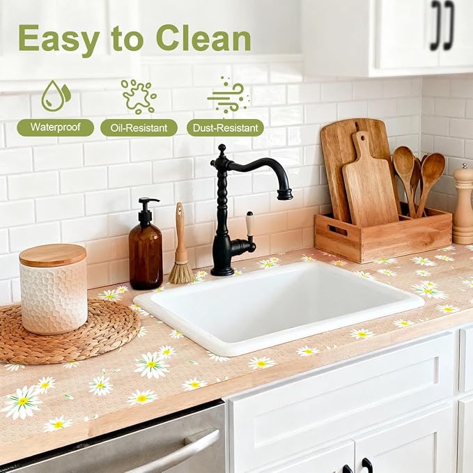 FEXIA Shelf Liner 17.5 Inch x 20 FT Daisy Non Slip Waterproof Cabinet and Drawer Liner for Kitchen Cabinet Refrigerator Pantry Closet Durable Non Adhesive