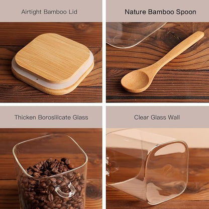 HHMJSM 6 Pcs Square Glass Jar with Bamboo Lid and Spoon - 27 oz Large Sugar Container with 148 Kitchen Pantry Spice Jar Labels Preprinted - Glass Containers with Wooden Lids Hold Coffee, Tea, Candy