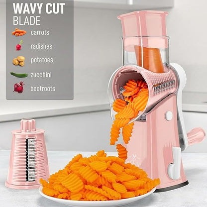 Zulay Kitchen Rotary Cheese Grater 5 Blade Cheese Shredder - Manual Hand Crank Cheese Grater With Reinforced Suction & 5 Interchangeable Drums - Easy to Use, Vegetable Chopper Round Mandoline Slicer