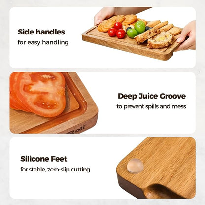 Small Acacia Wood Cutting Board for Kitchen - 11.5"x7" Compact Tablet-Sized Chopping Board, Mini Charcuterie, Steak & Brunch Serving Tray with Juice Grooves & Handles, Gift for Dad