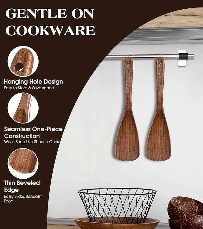 2Pcs Wooden Spatula Spoon, Multifunction Cooking Spoon for Nonstick Cookwares, Heat Resistant Acacia Wooden Spoon Spatula for Cooking, Mixing, Scooping, Scraping, BPA-Free, 11.6 x 2.8 Inch