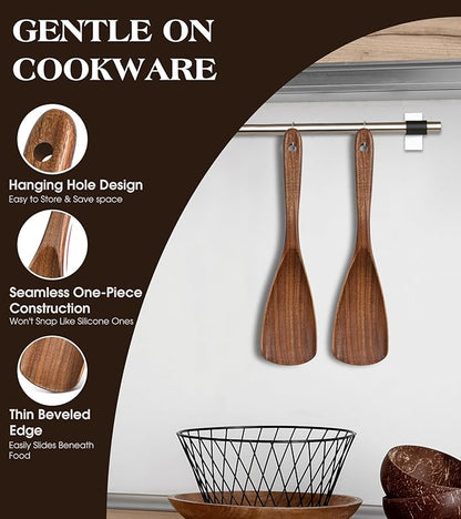 2Pcs Wooden Spatula Spoon, Multifunction Cooking Spoon for Nonstick Cookwares, Heat Resistant Acacia Wooden Spoon Spatula for Cooking, Mixing, Scooping, Scraping, BPA-Free, 11.6 x 2.8 Inch