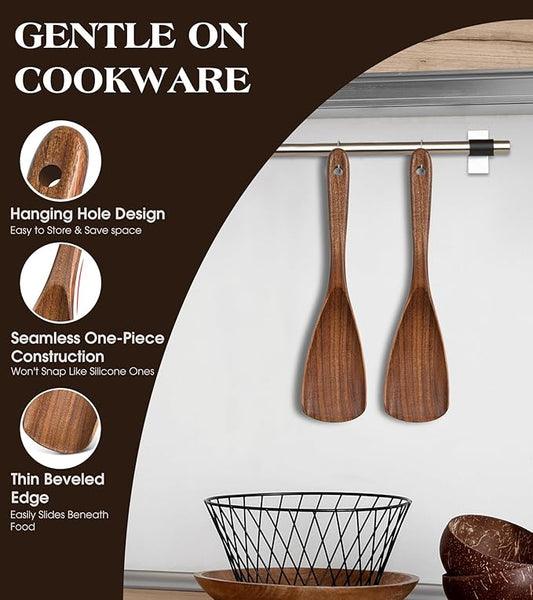 2Pcs Wooden Spatula Spoon, Multifunction Cooking Spoon for Nonstick Cookwares, Heat Resistant Acacia Wooden Spoon Spatula for Cooking, Mixing, Scooping, Scraping, BPA-Free, 11.6 x 2.8 Inch