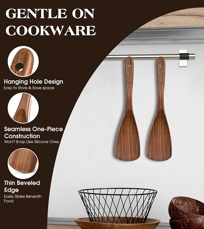 Wooden Spatula Spoon, Multifunction Spatula Cooking Spoon for Non Stick Cookware, Heat Resistant Acacia Wood Kitchen Utensils for Cooking, Serving, Scooping, Scraping, BPA-Free, 11.6 x 2.8 Inch