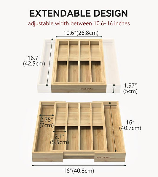 Expandable Silverware Drawer Organizer for Utensil,Bamboo 10 Slot | 10.6”-16" Wx16.7”Dx1.97”H, Vertical Storage, Kitchen Cutlery Tray Dividers for Spoons Forks Knives