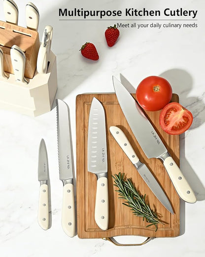 14-Piece Kitchen Knife Set with Detachable Block, High Carbon Stainless Steel Dishwasher Safe Knives, Includes Chef, Santoku, Bread, Steak Knives for Home Kitchen,White
