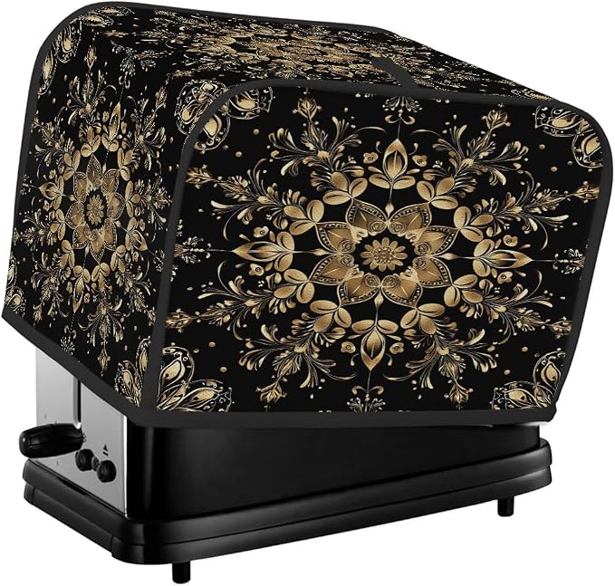 Toaster Cover 2 Slice Wide Slot Black Gold FlowerBread Toaster Oven Dustproof Cover Small Appliance Kitchen Covers Dust and Fingerprint Protection for Women Gift 2 Slice