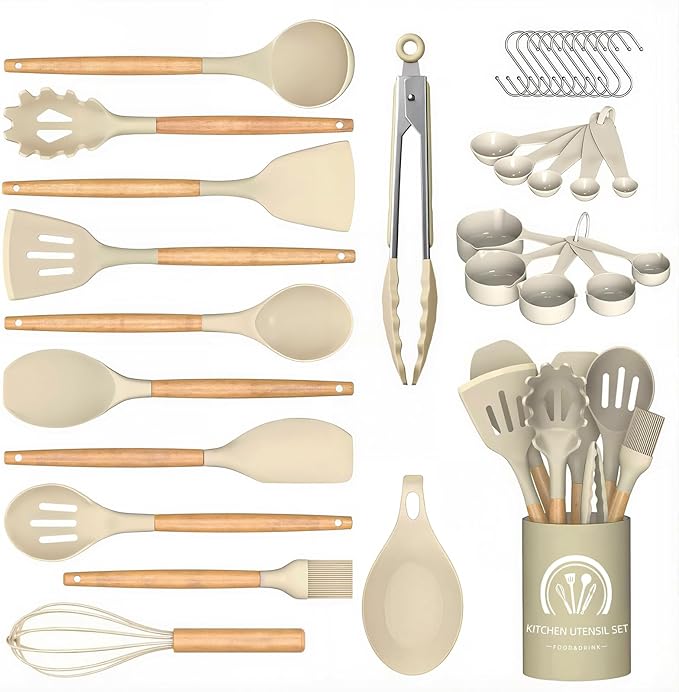 Silicone Cooking Utensils Set, 33PCS/446°F Heat Resistant Food Grade Silicone Kitchen Gadgets, Spatula Set w Holder, for Nonstick Cookware (BPA Free, Khaki)