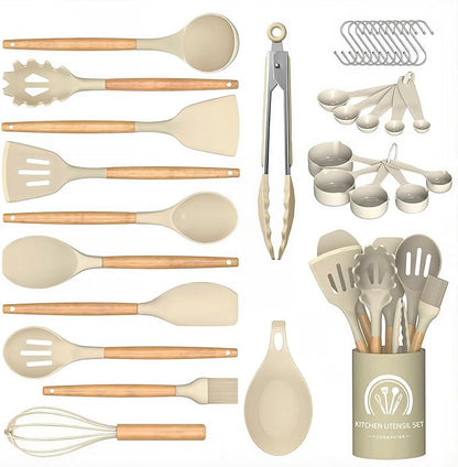 Silicone Cooking Utensils Set, 33PCS/446°F Heat Resistant Food Grade Silicone Kitchen Gadgets, Spatula Set w Holder, for Nonstick Cookware (BPA Free, Khaki)