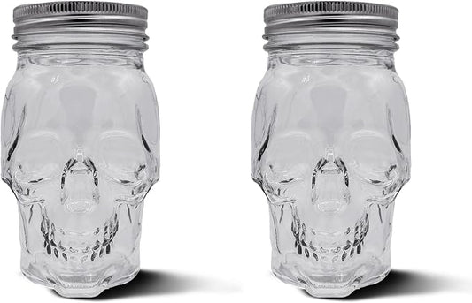 DURA LIVING Set of 2 Skull Mason Jar Glasses with Lids | 16oz Reusable Halloween Drinking Glasses | Unique Skull Décor, Storage, & Canning Jars for Parties & Gifts