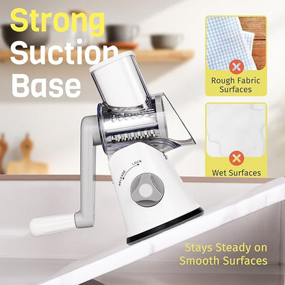 Rotary Cheese Grater Hand Crank, 3 Blades Slicer Shredder, Cheese Grater for Kitchen, Multi-Functional Kitchen Tool for Vegetables, Nuts, Chocolate, with Strong Suction Base, White